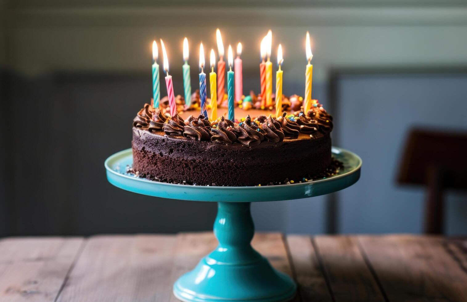 ai generato un' cioccolato compleanno torta con illuminato candele su esso seduta su un' blu In piedi foto