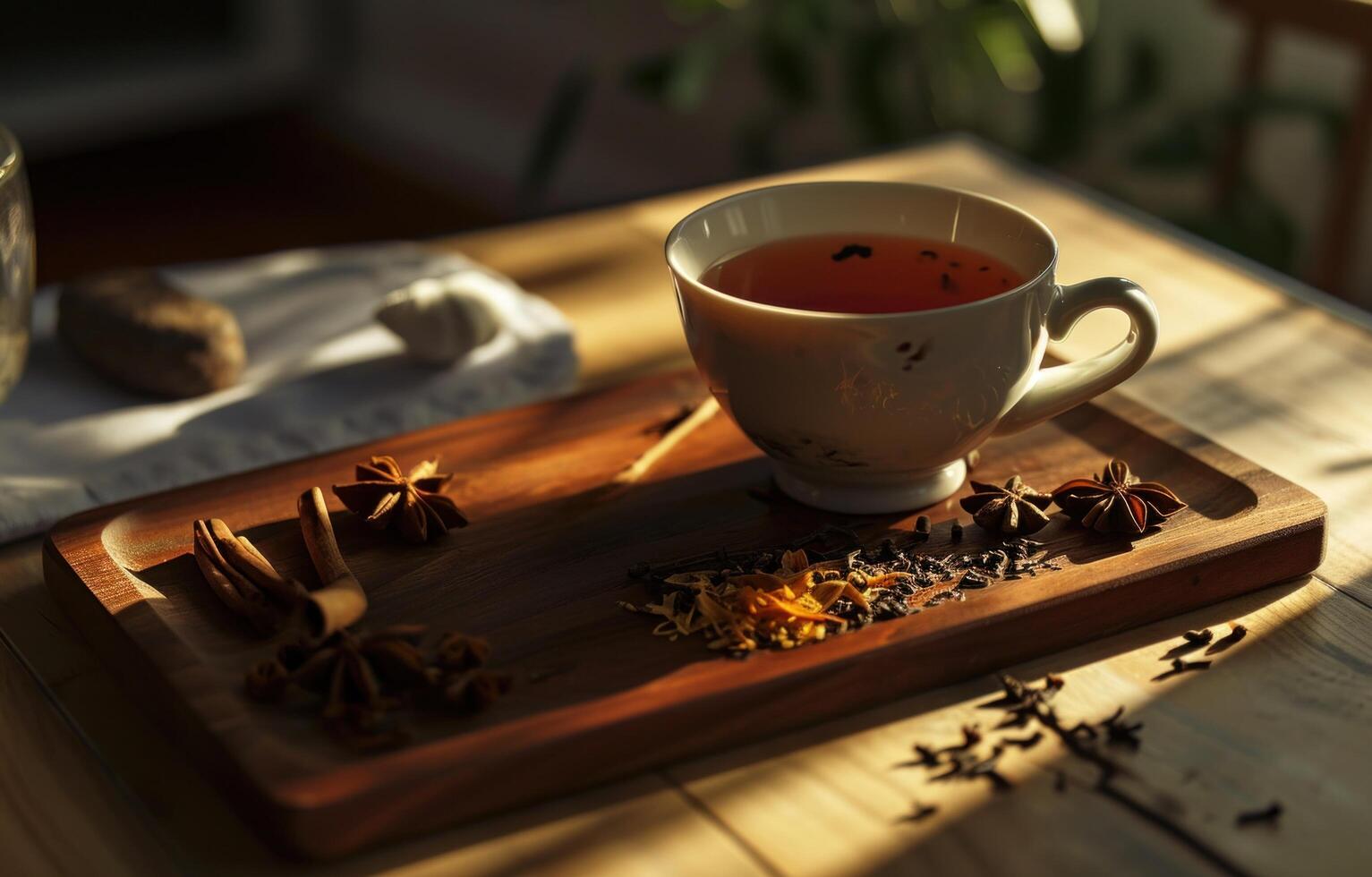 ai generato un' tazza di tè con spezie seduta su un' di legno vassoio foto