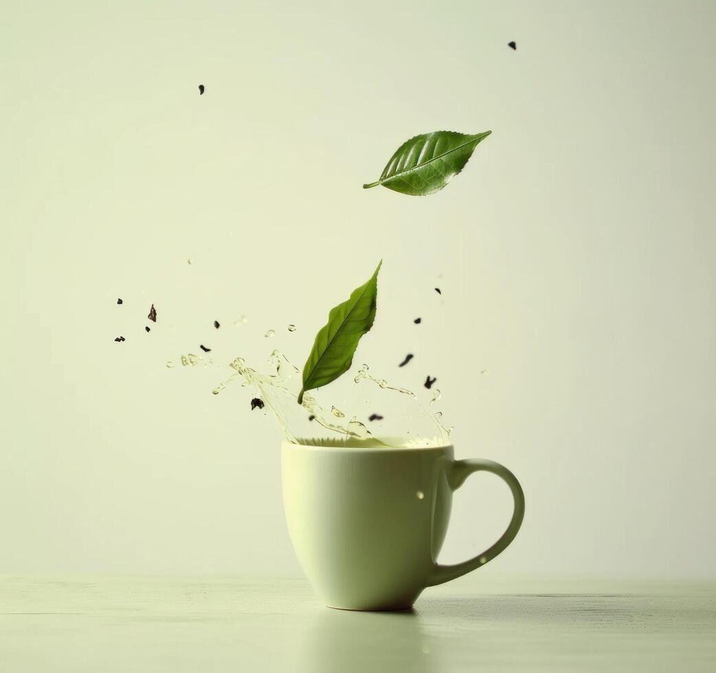 ai generato tè foglia cascate a partire dal un' tazza nel avvicinamento verde foto