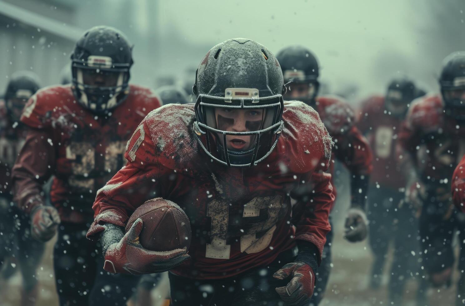 ai generato americano calcio squadra in esecuzione via di il campo con calcio su terra foto