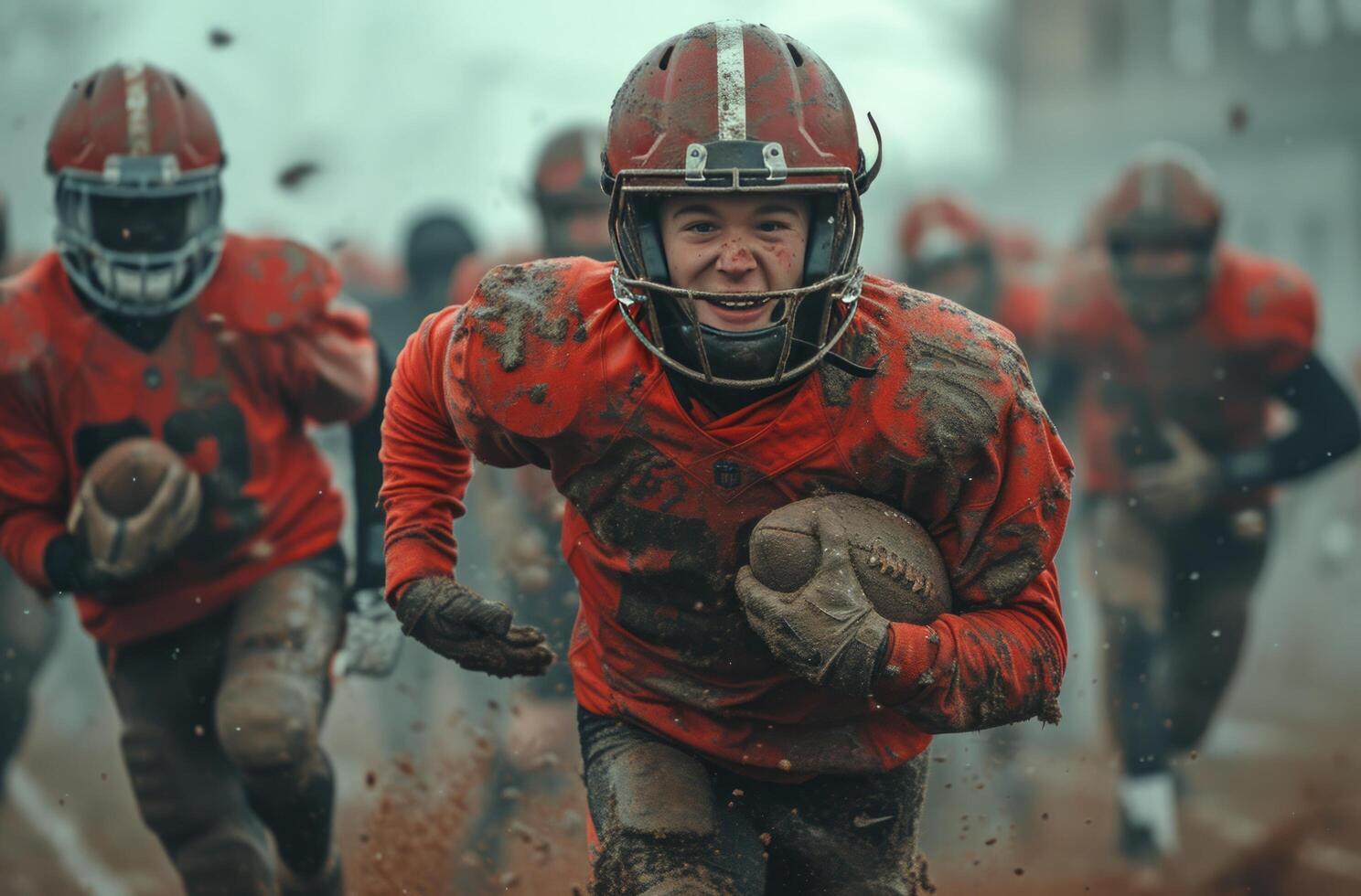 ai generato americano calcio squadra in esecuzione via di il campo con calcio su terra foto