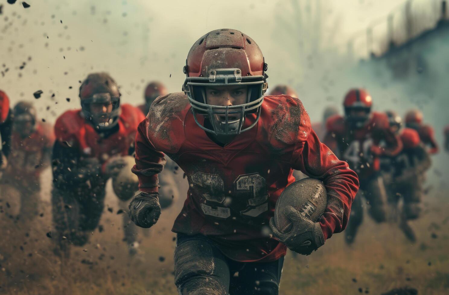 ai generato americano calcio squadra in esecuzione via di il campo con calcio su terra foto