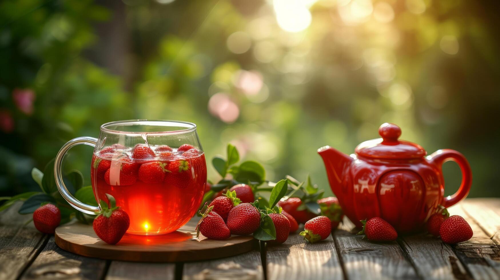 ai generato un' trasparente bicchiere tazza con fragola tè sta su un' di legno tavolo. foto