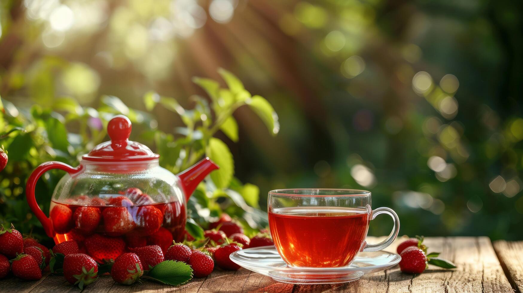 ai generato un' trasparente bicchiere tazza con fragola tè sta su un' di legno tavolo. foto