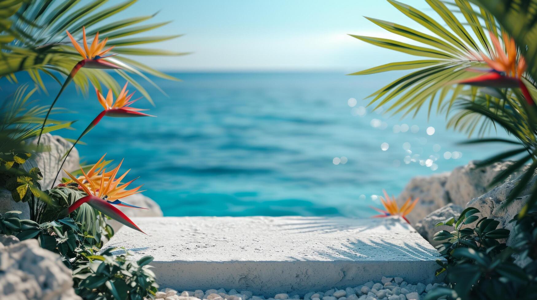 ai generato un' bianca pietra podio sta su il costa. blu mare sfocato nel il sfondo. foto