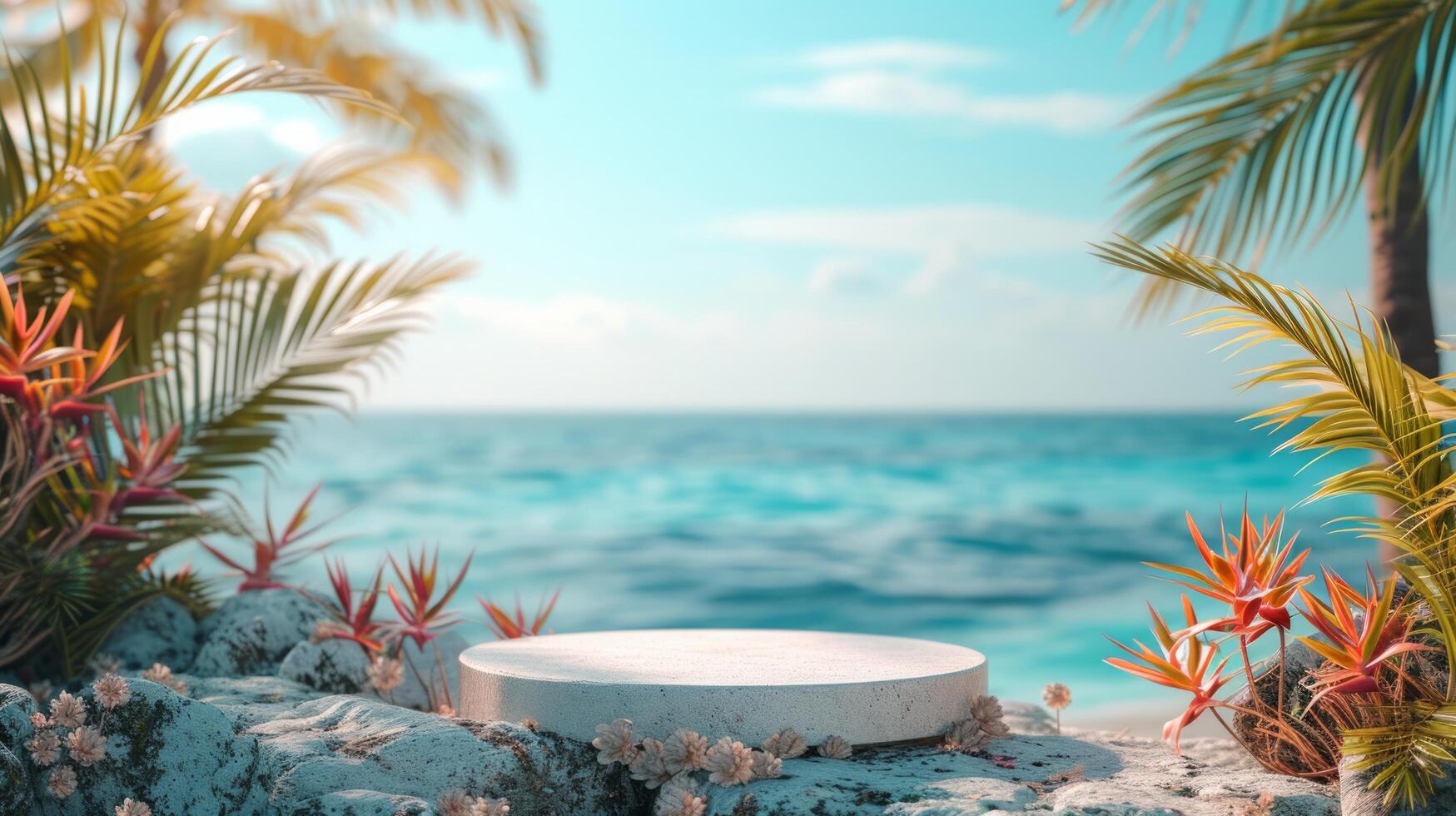 ai generato un' bianca pietra podio sta su il costa. blu mare sfocato nel il sfondo. foto