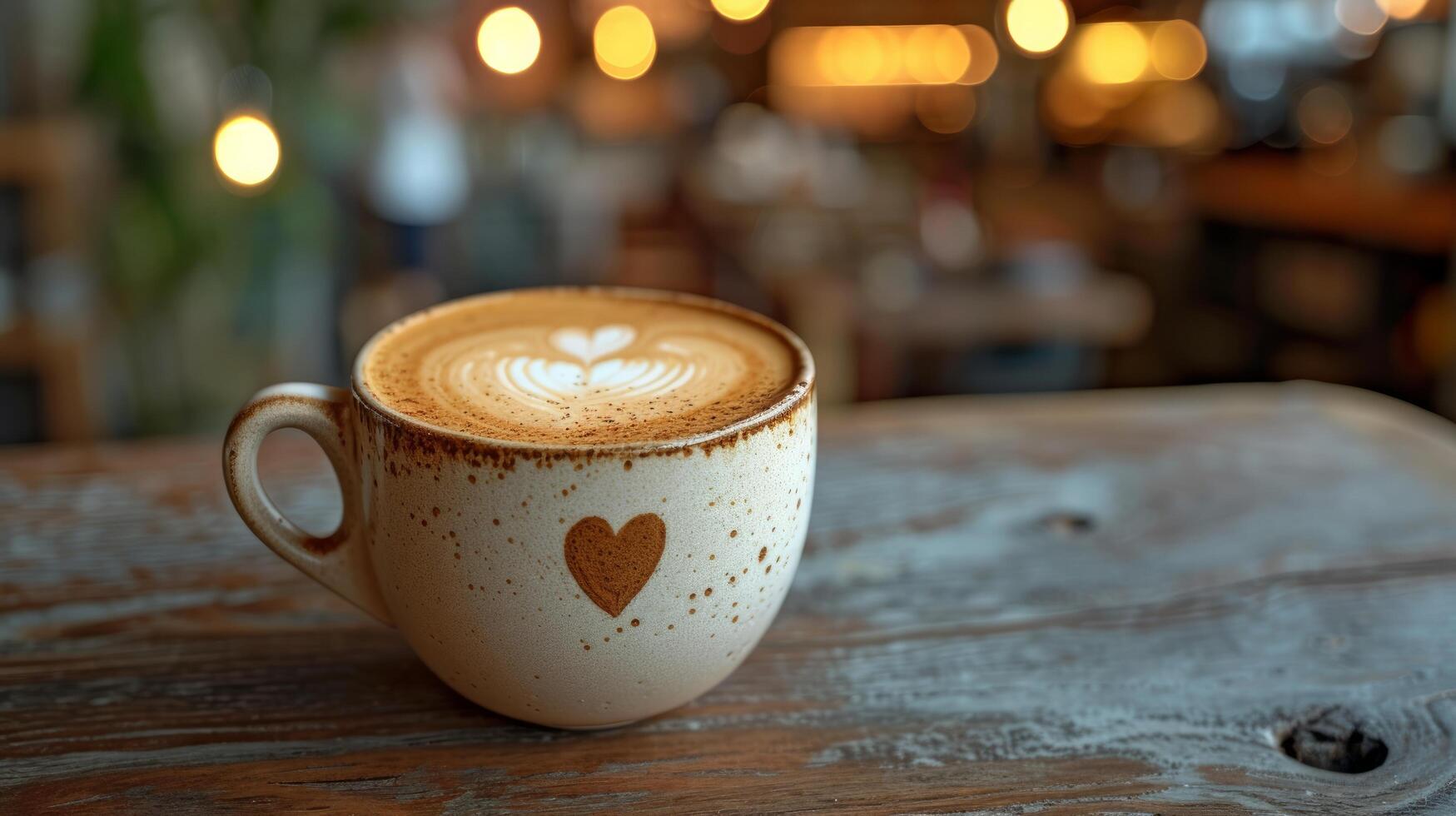 ai generato un' tazza di cappuccino con un' cuore su schiuma sta su un' di legno tavolo contro il sfondo di un' sfocato caffè negozio foto