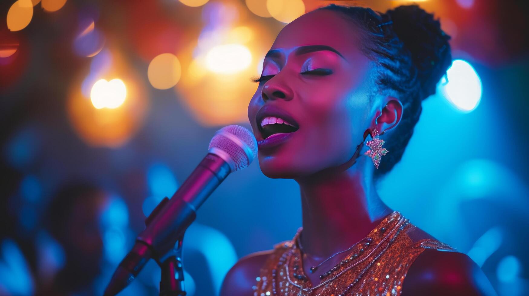 ai generato donna nel d'oro vestito canta in un' microfono a karaoke foto