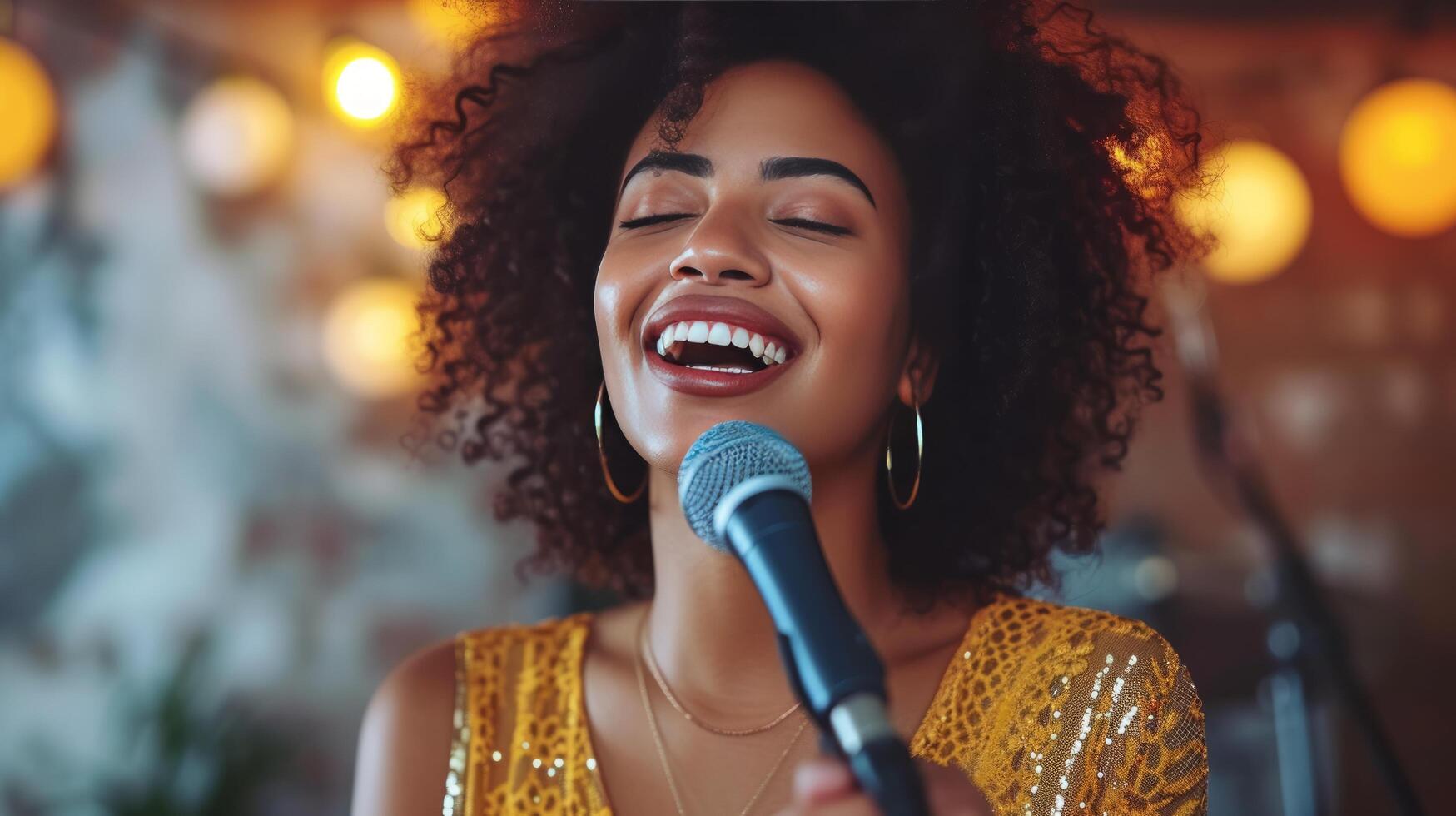 ai generato donna nel d'oro vestito canta in un' microfono a karaoke foto