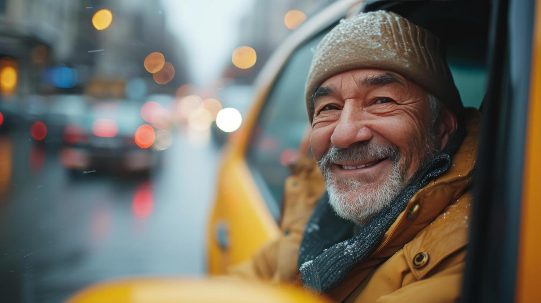 ai generato Taxi autista sorridente e guardare a il telecamera a partire dal il finestra di il suo auto foto