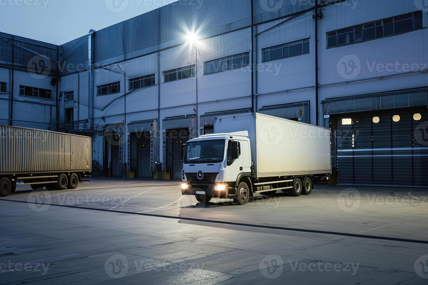 ai generato la logistica e trasporto. bianca camion nel il magazzino con scatole. per pubblicità foto