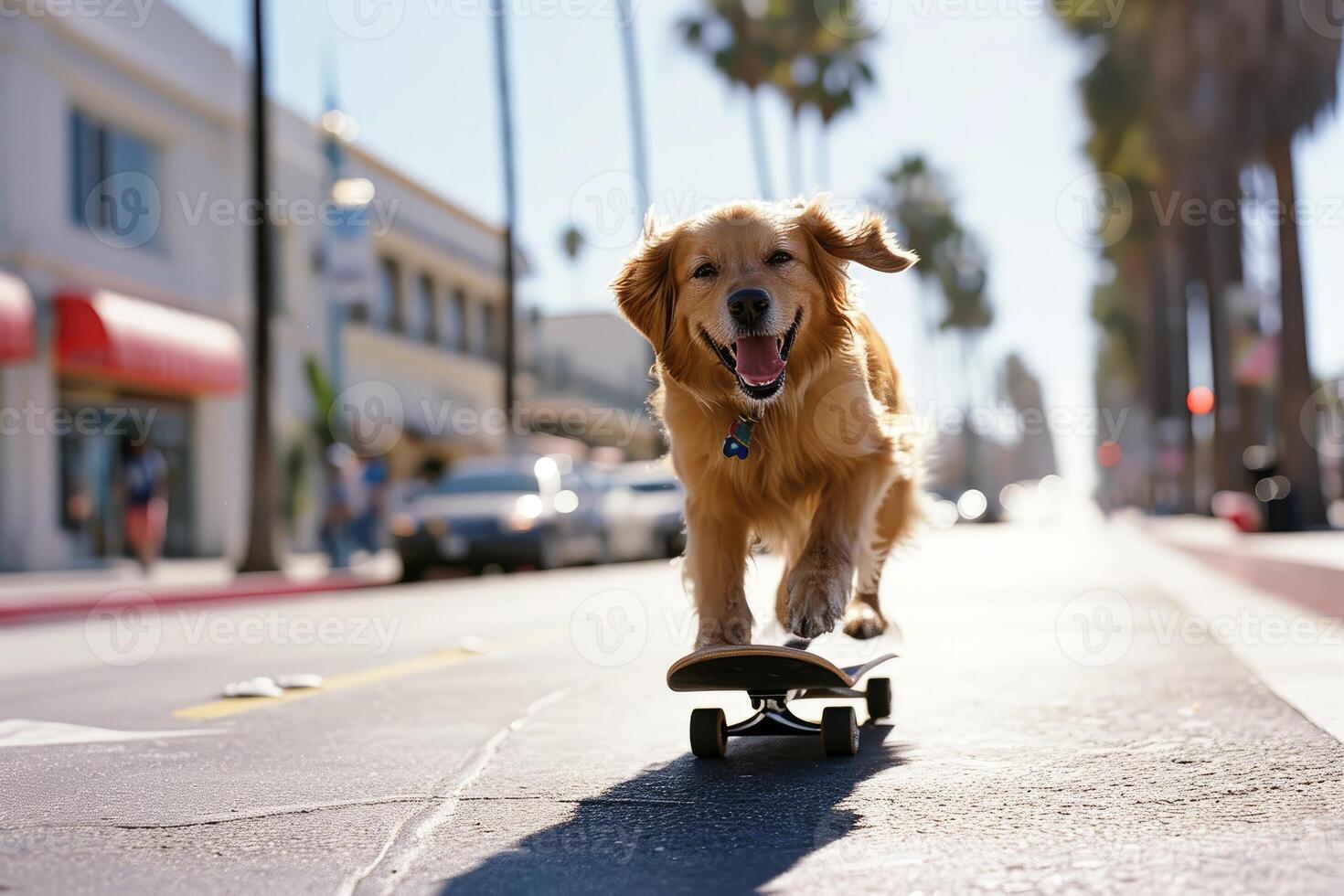 ai generato andare con lo skateboard cane. divertente cane cavalcate skateboard su il strada nel estate città foto