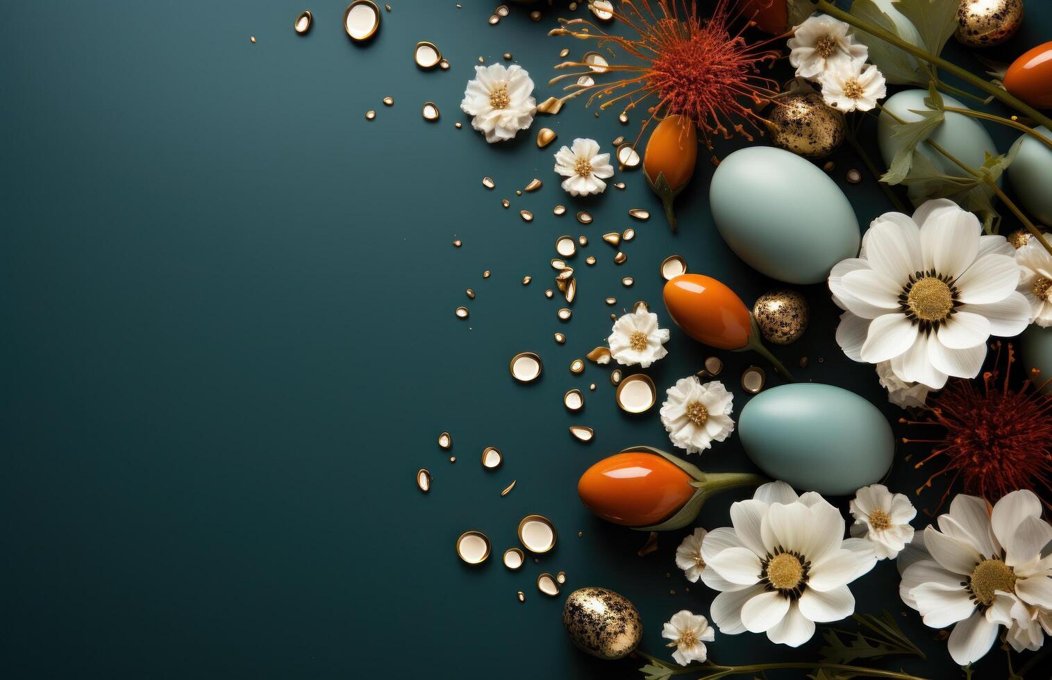 ai generato uova, fiori e erba nel il mezzo di un' verde tavolo, foto