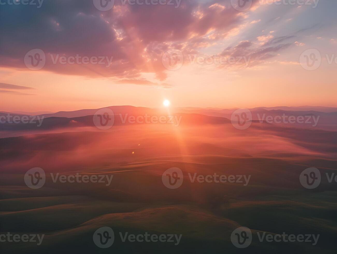 ai generato Alba al di sopra di il orizzonte di il montagne aereo Visualizza cinematico foto. alta risoluzione. ai generativo foto