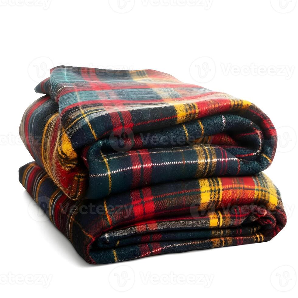 ai generato piegato lana plaid verificato coperta isolato su un' bianca sfondo. alto qualità. ai generativo foto