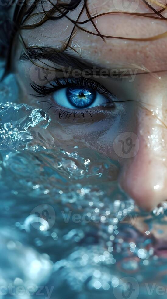 ai generato blu femmina occhi Guarda su di il acqua. avvicinamento donna ritratto. alto qualità. ai generativo foto