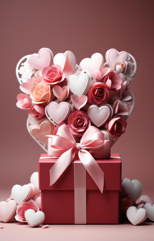 ai generato San Valentino carte con bianca cuore, cuori e regali foto