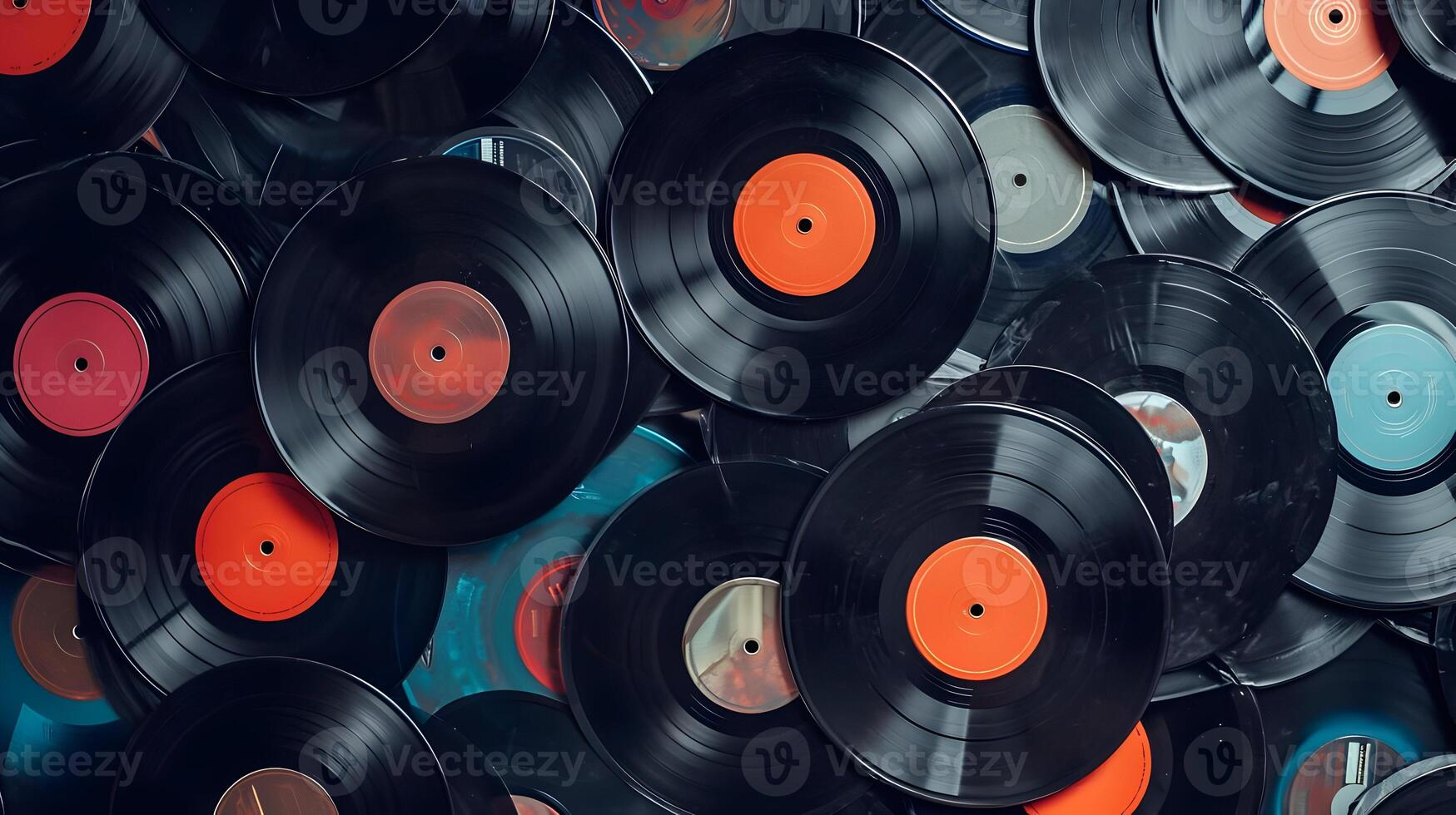 ai generato superiore Visualizza di un' mucchio di molti Vintage ▾ vinile record sfondo. alto qualità. ai generativo foto