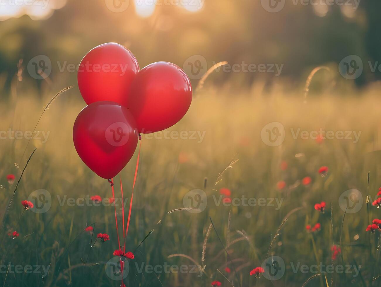 ai generato un' realistico tramonto foto di il rosso palloncini su il blu cielo sfondo. alto qualità. ai generativo