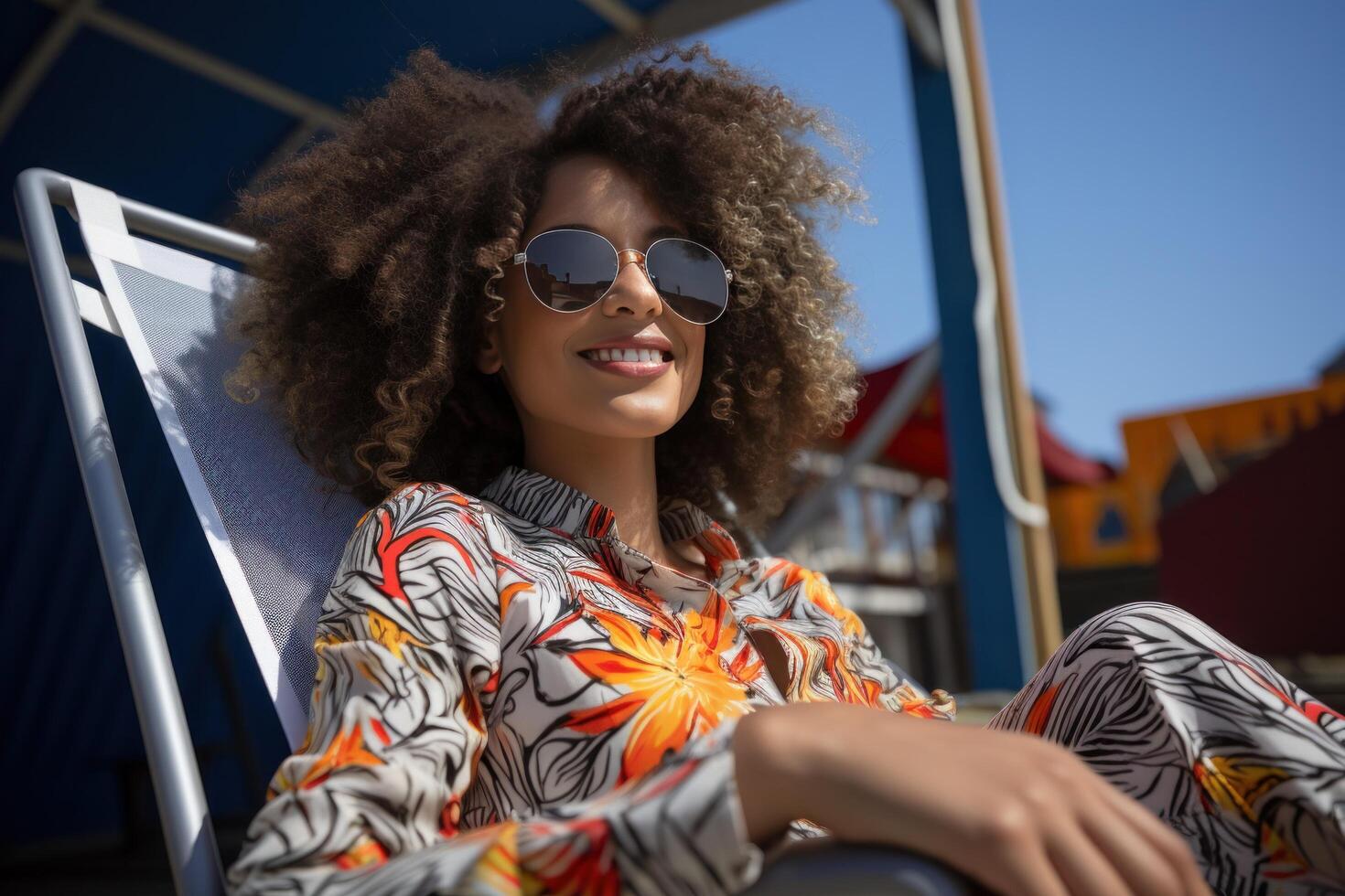 ai generato giovane donna seduta nel un' spiaggia sedia, nel il stile di afro-caraibici influenza, foto