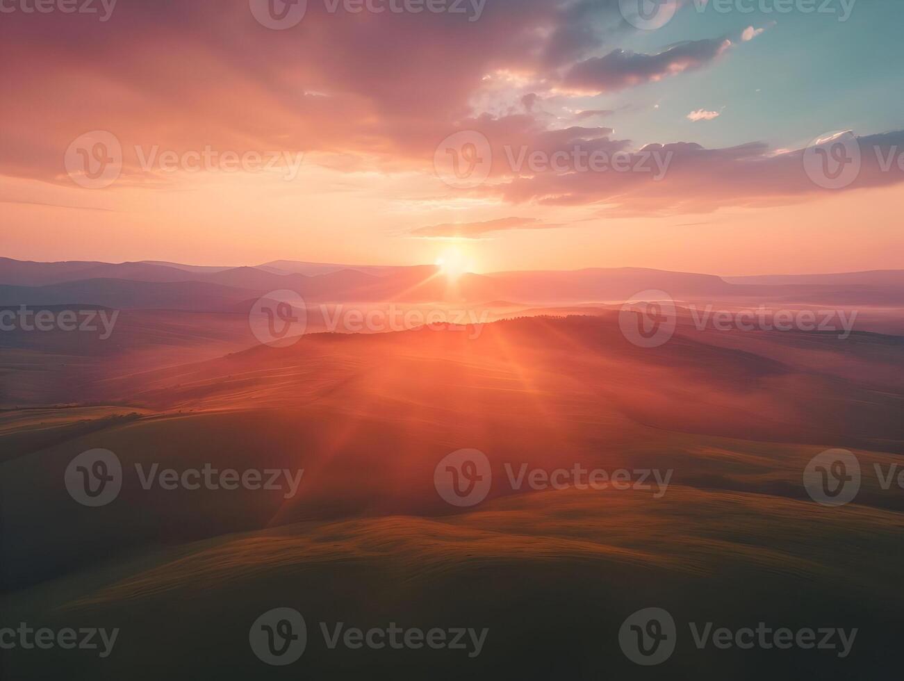 ai generato Alba al di sopra di il orizzonte di il montagne aereo Visualizza cinematico foto. alta risoluzione. ai generativo foto