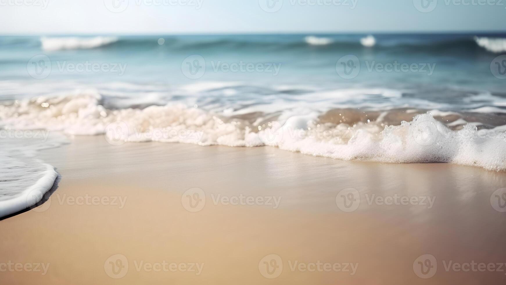 ai generato avvicinamento mare Surf e sabbia spiaggia a soleggiato giorno, neurale Rete generato fotorealistico Immagine foto