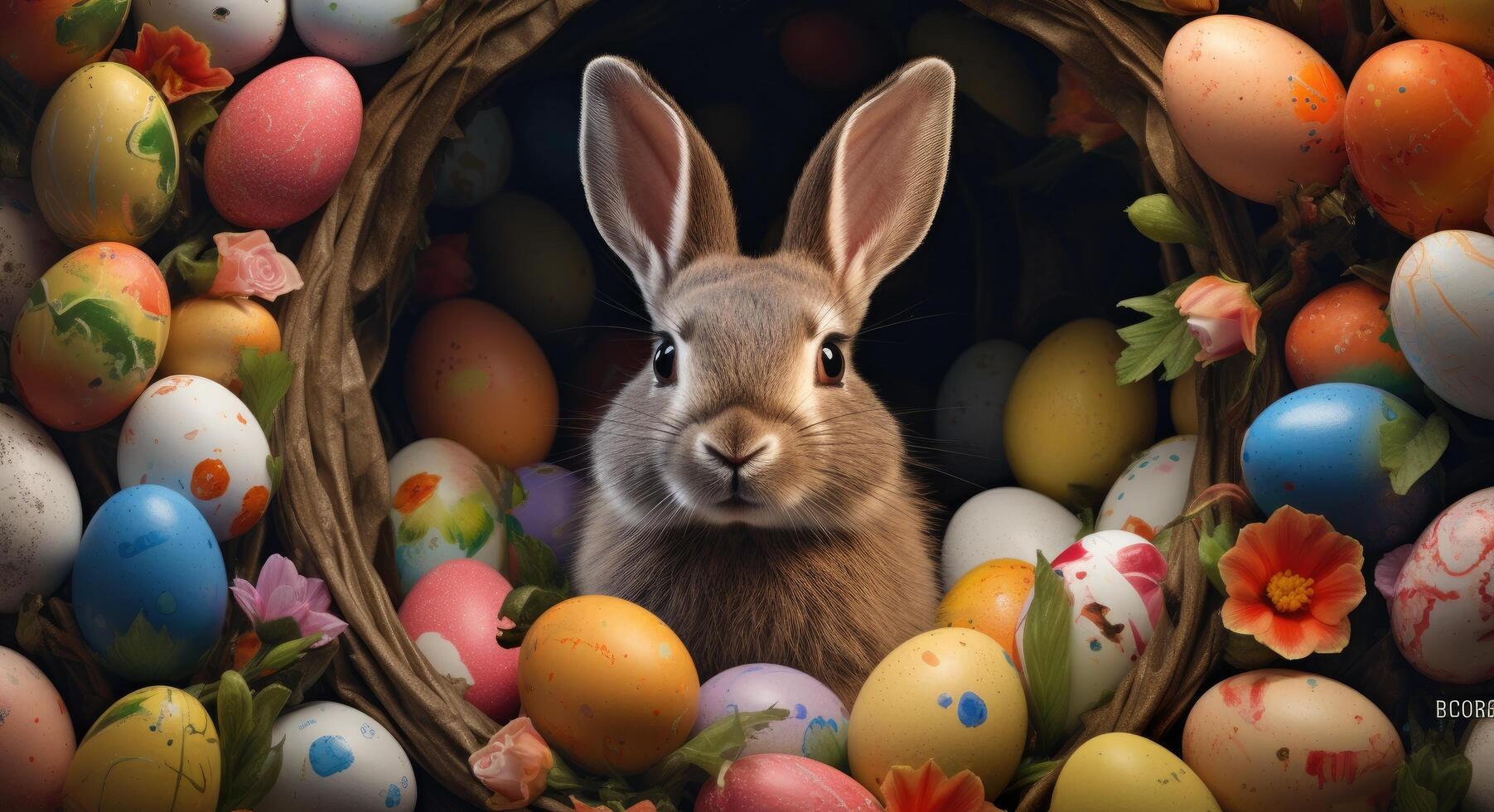ai generato un' coniglietto seduta nel colorato uova circostante lui foto