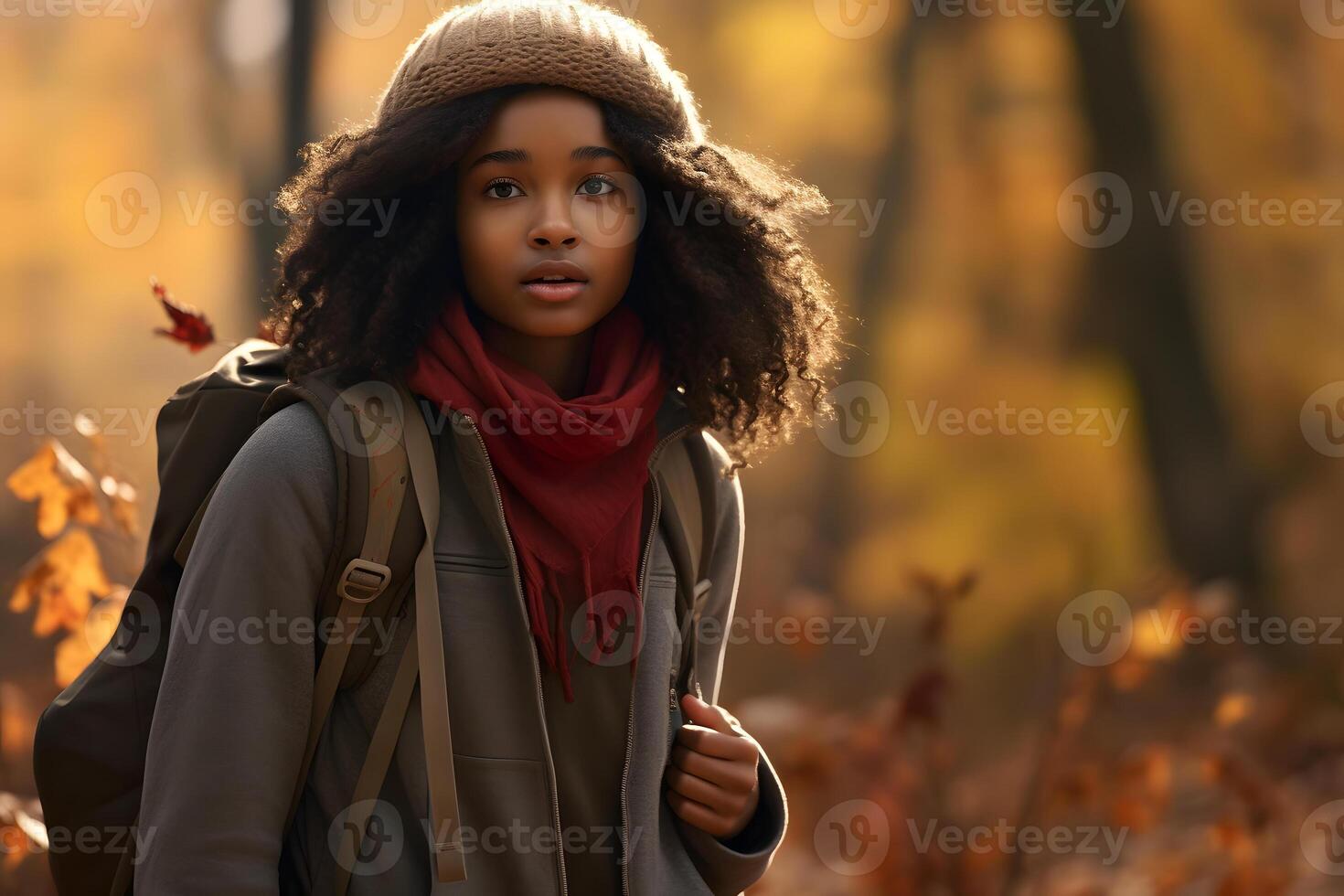 ai generato africano americano ragazza perso nel foresta a autunno sera, neurale Rete generato fotorealistico Immagine foto