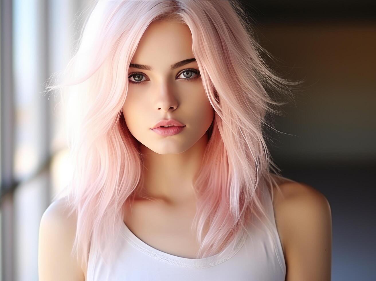 ai generato bellissimo giovane donna con rosa capelli in posa nel nero maglietta ragazza con rosa capelli foto