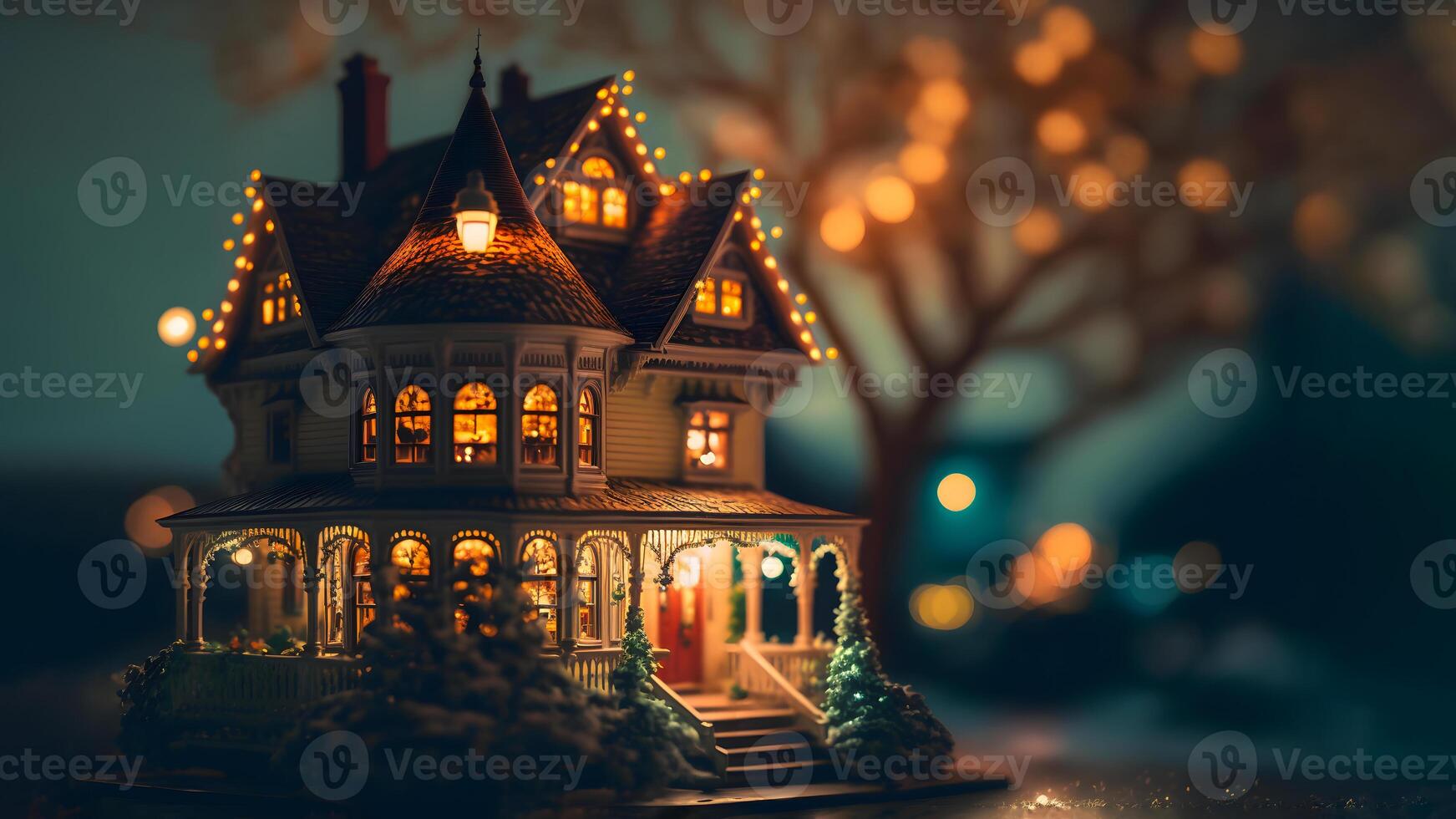 ai generato bellissimo Casa a ore notturne con Natale luci, alto contrasto e bokeh, neurale Rete generato arte foto
