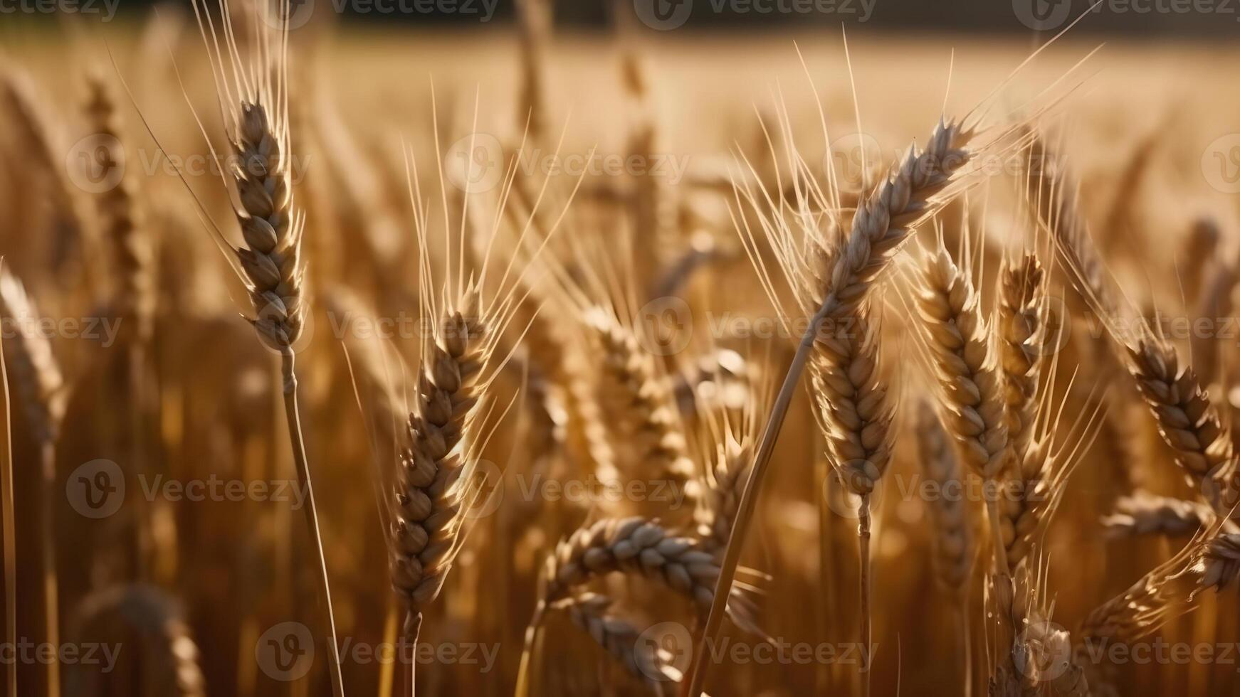 ai generato picchi di maturo Grano a soleggiato giorno, avvicinamento con selettivo messa a fuoco, neurale Rete generato Immagine foto