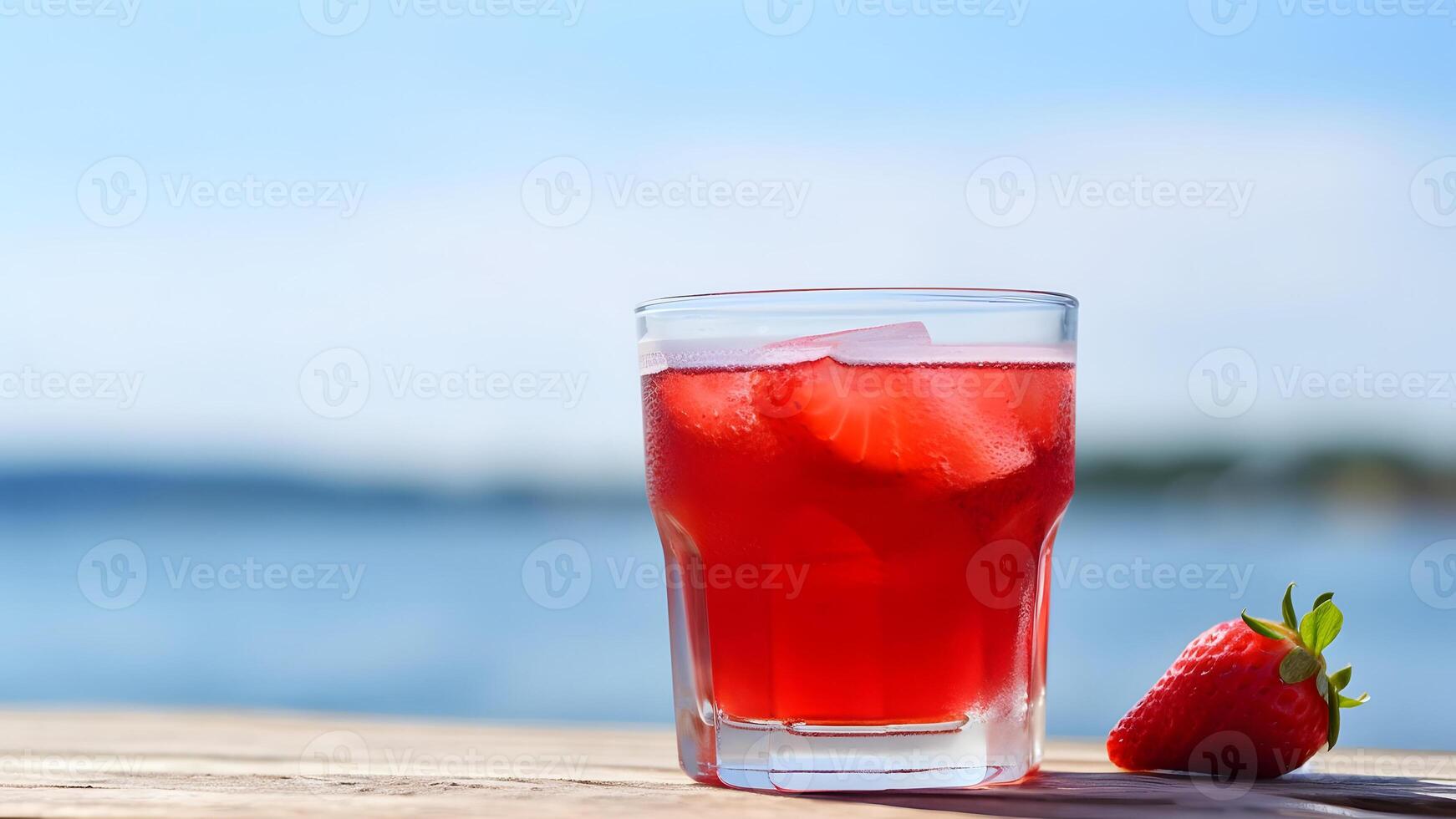 ai generato un' bicchiere di fragole freddo rinfrescante bevanda su mare sfondo a soleggiato estate giorno, neurale Rete generato Immagine foto