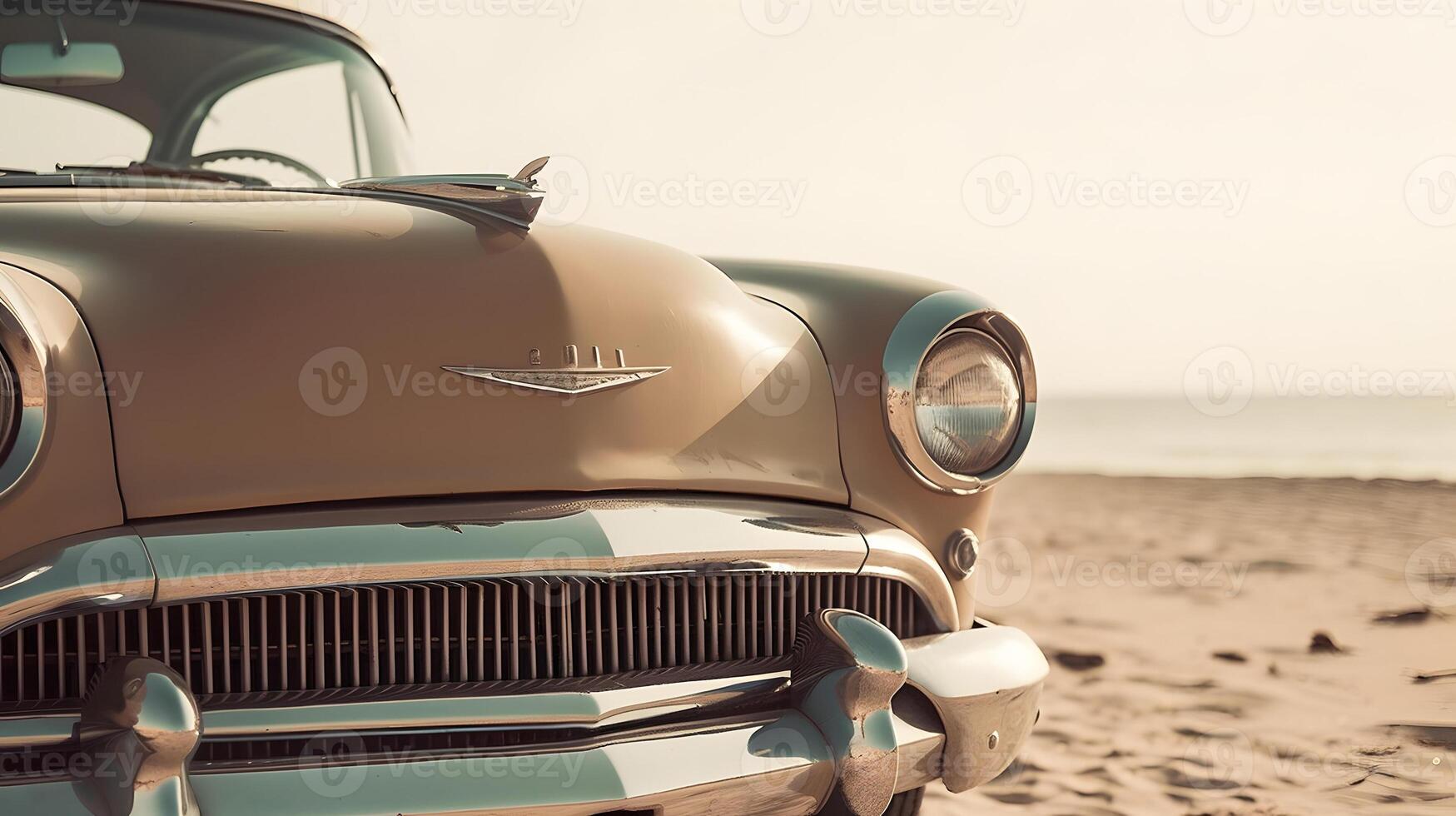 ai generato Vintage ▾ auto parcheggiata su spiaggia a soleggiato giorno, neurale Rete generato arte foto