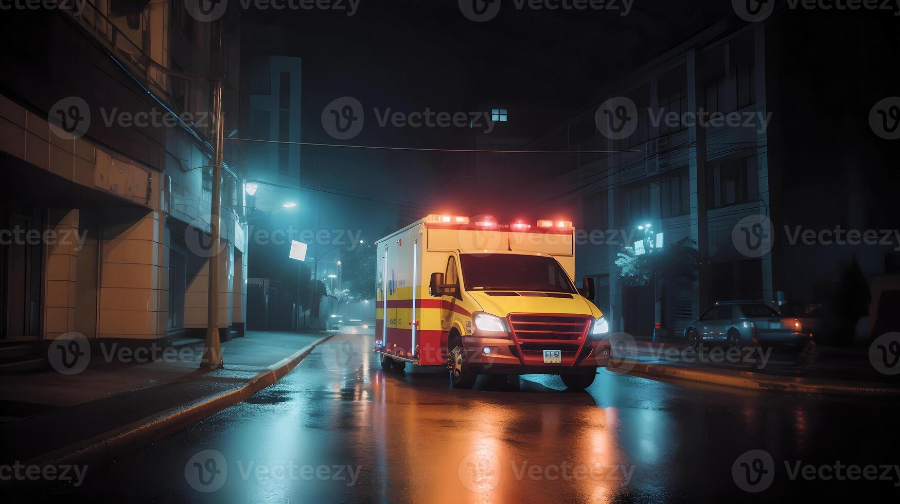 ai generato emergenza ambulanza auto in movimento veloce su notte americano città centro quartiere con movimento sfocatura, neurale Rete generato arte foto