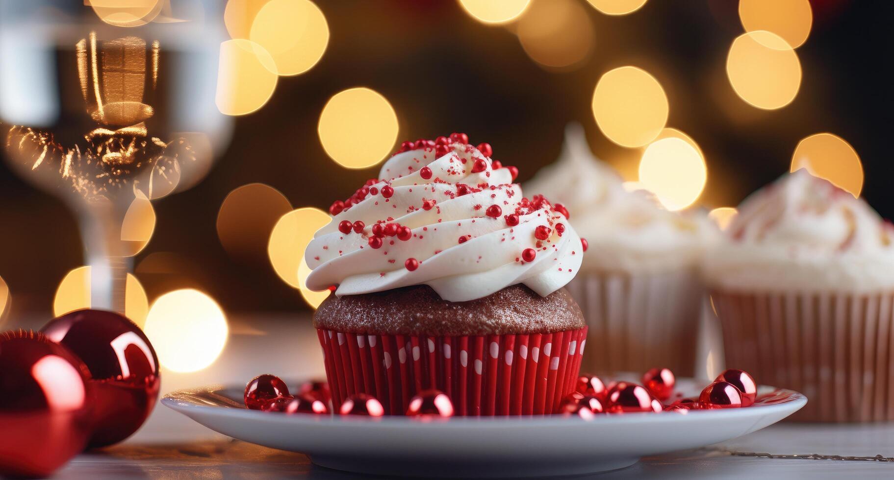 ai generato Natale albero decorazioni e cupcakes su tavolo, foto