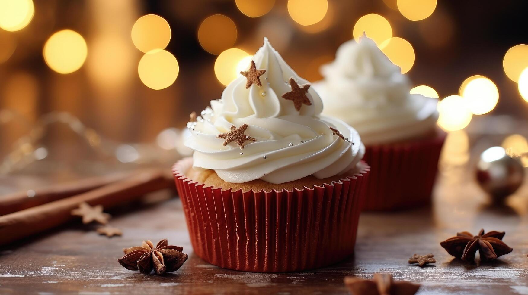 ai generato Natale bianca Cupcake con cannella bastone foto