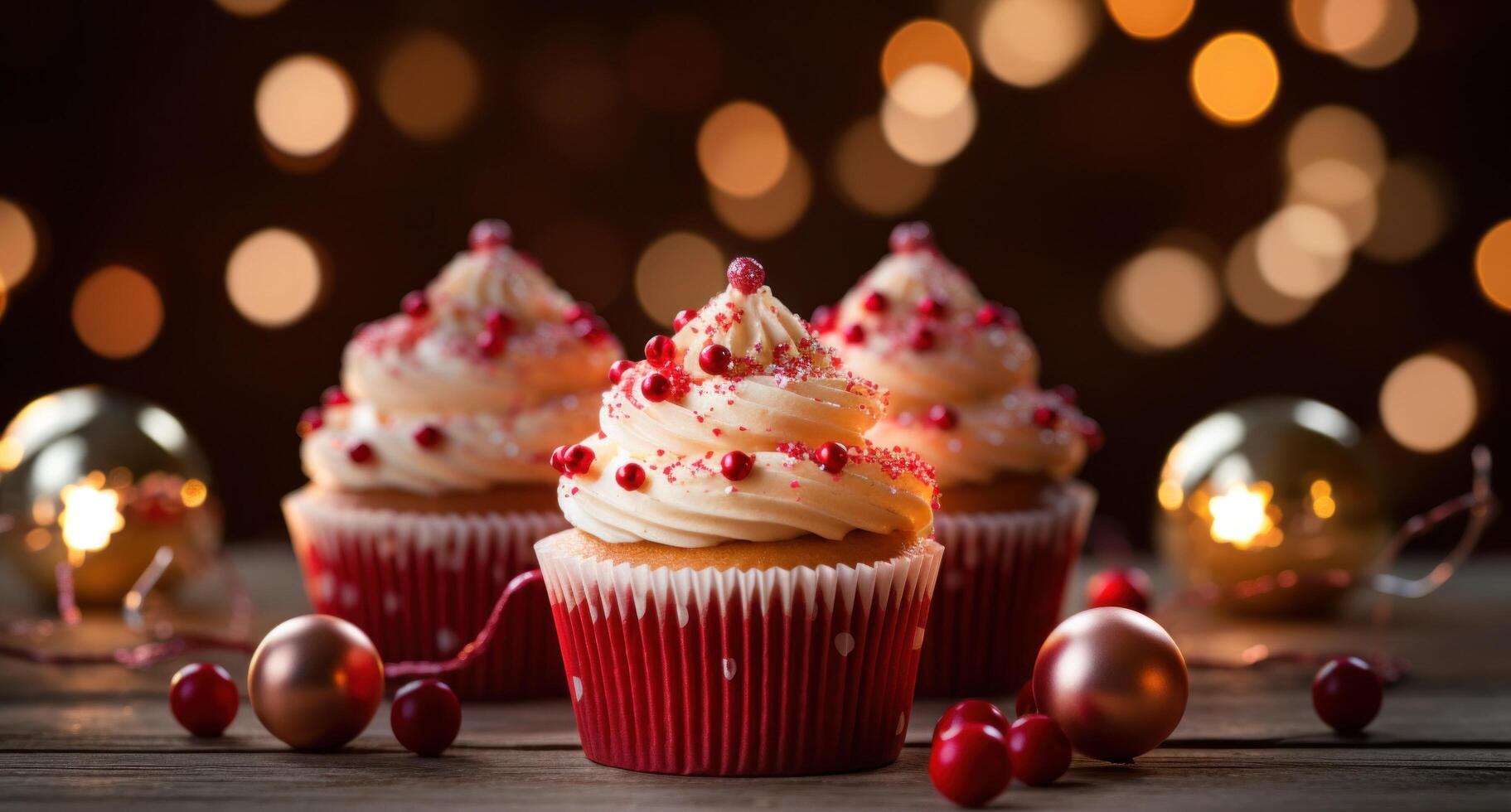 ai generato Cupcake con decorazioni su superiore su un' tavolo foto