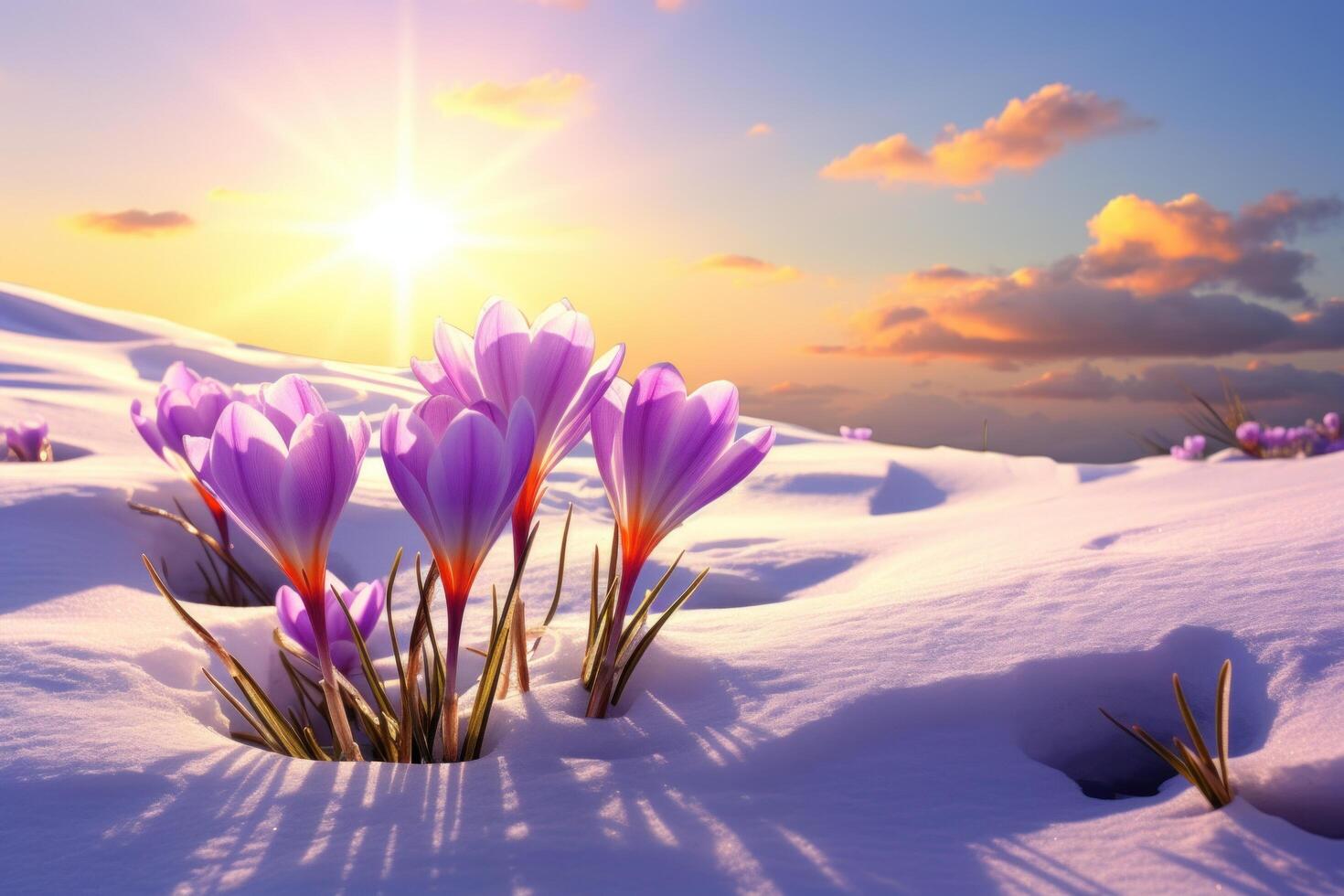 ai generato croco nel neve contro il sole inverno fiori foto