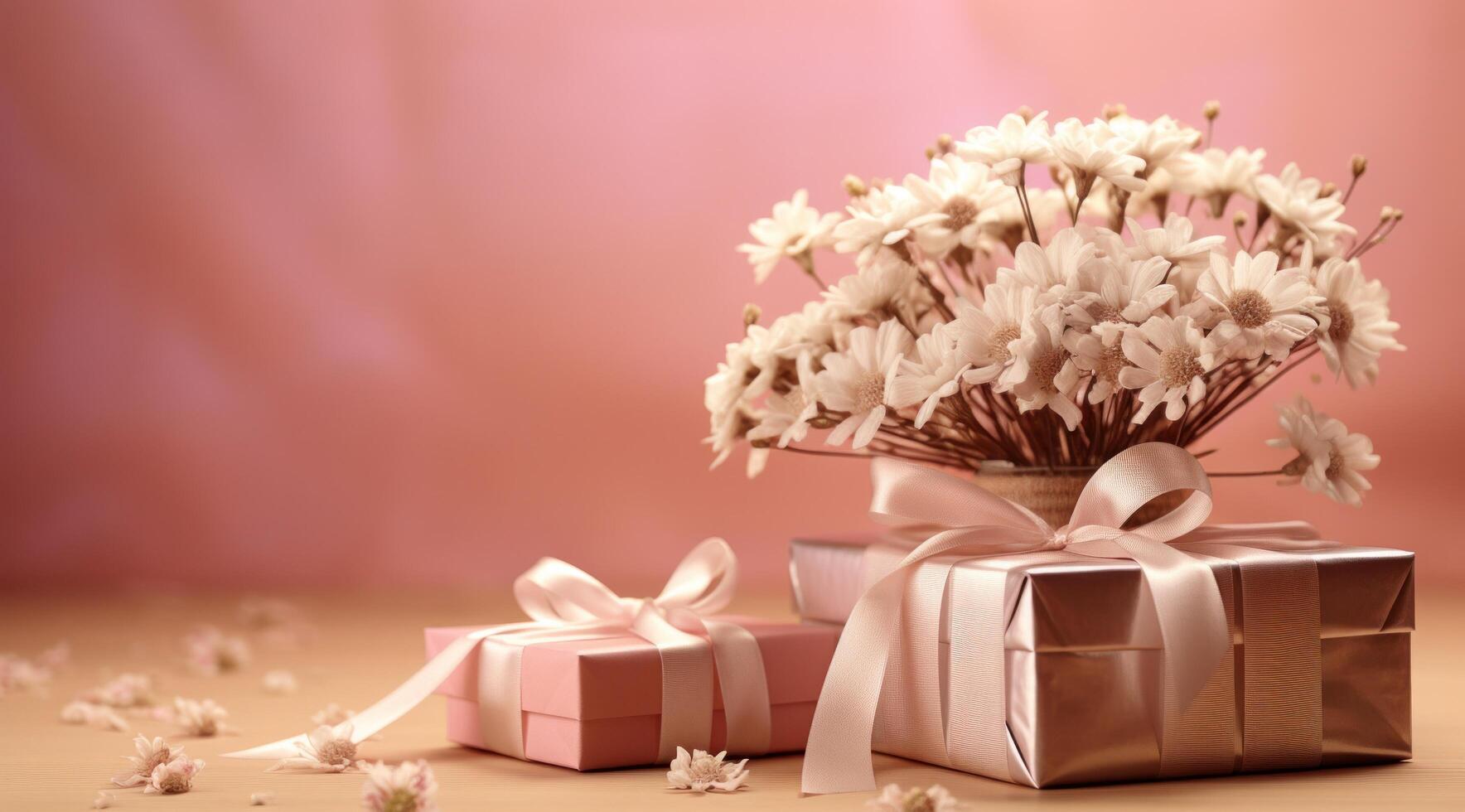 ai generato i regali con nastri e fiori su rosa sfondo foto