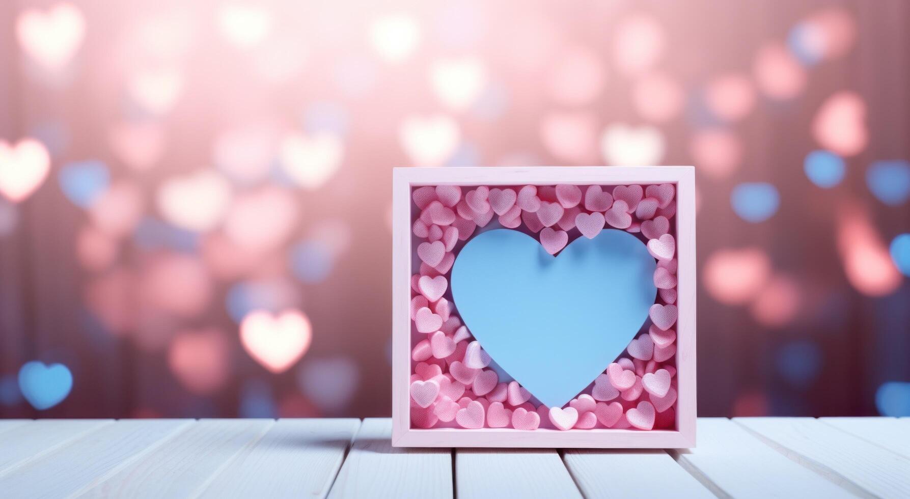ai generato rosa e blu a forma di cuore sfondo di legno telaio su bokeh sfondo foto