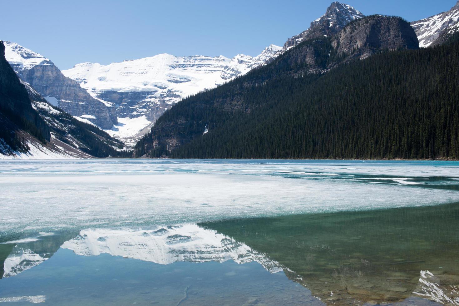 bella scena con il lago Louise parzialmente congelato e le montagne intorno che si riflettono su di esso. giornata di sole in primavera. parco nazionale di banff, alberta, canada. foto