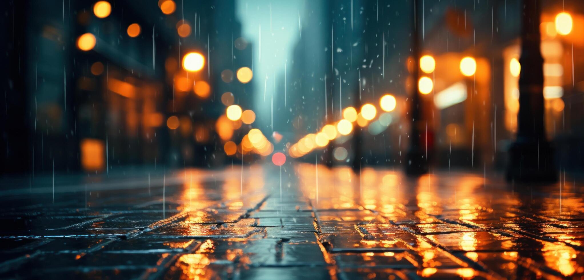 ai generato il luci di luci su strada nel città pioggia foto