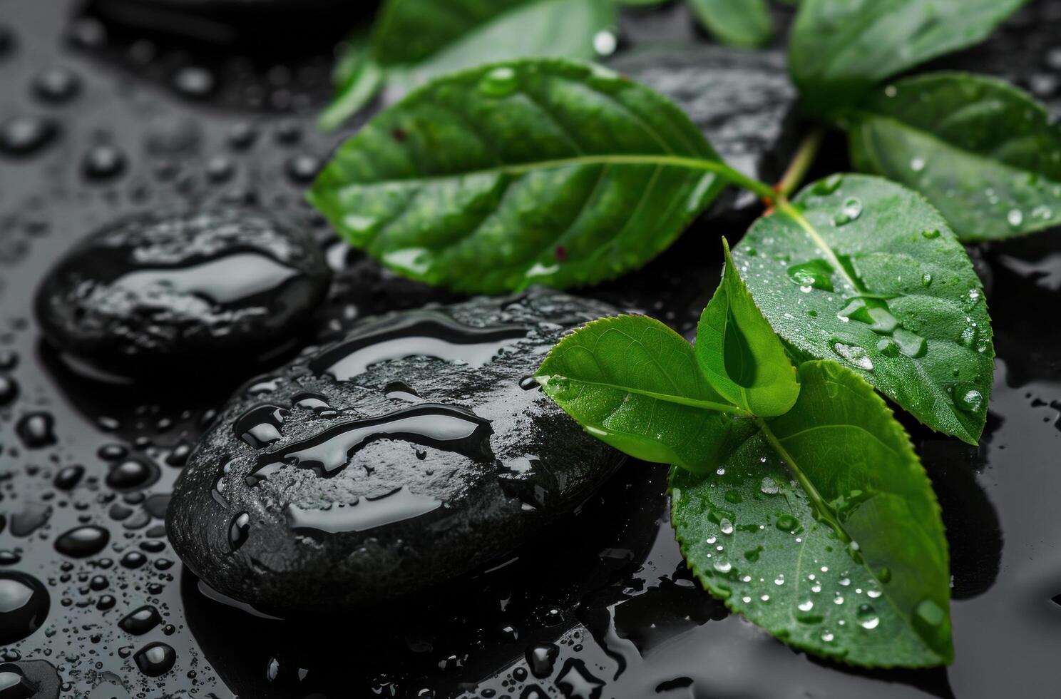 ai generato ciottoli e terme le foglie su nero sfondo di leggero pioggia foto