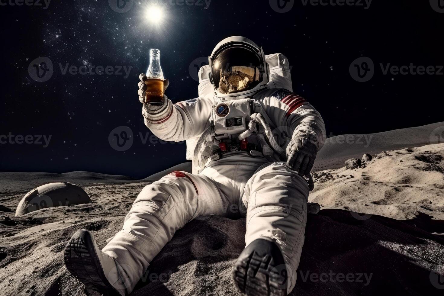 ai generato astronauta seduta su il Luna potabile birra, generativo ai foto