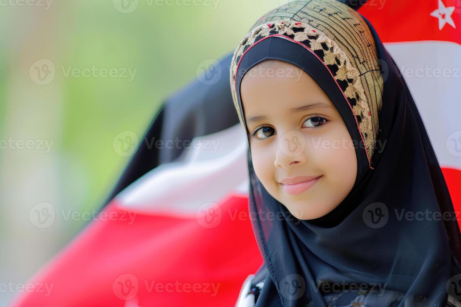 ai generato un' arabo ragazza nel yemen bandiera sfondo. ai generativo foto