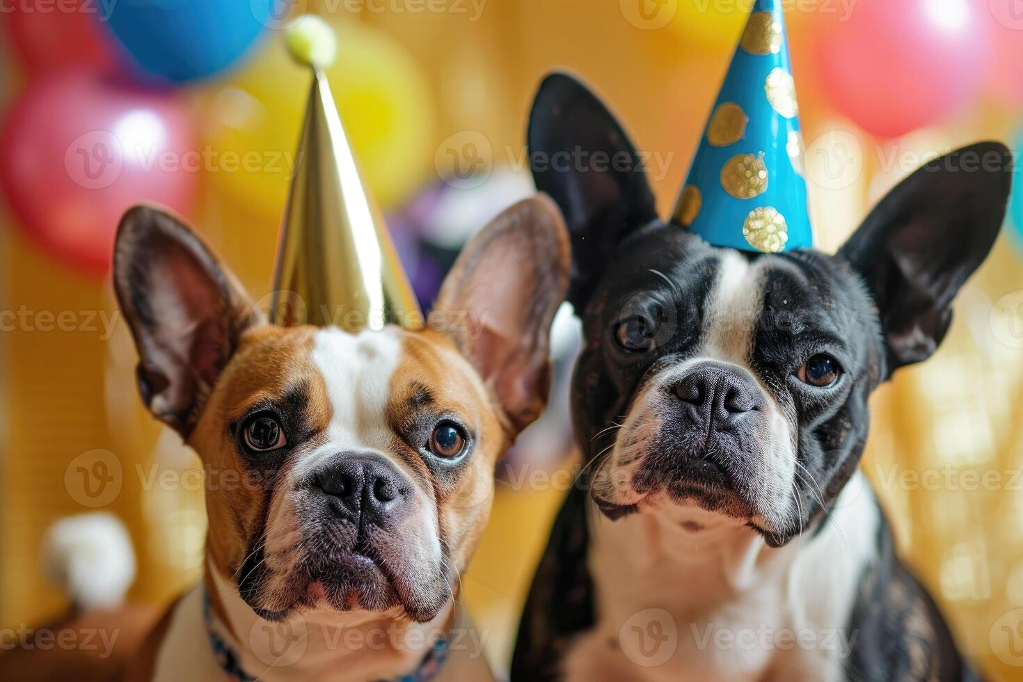 ai generato francese Toro cane indossare un' carta festa cappello . ai generativo foto