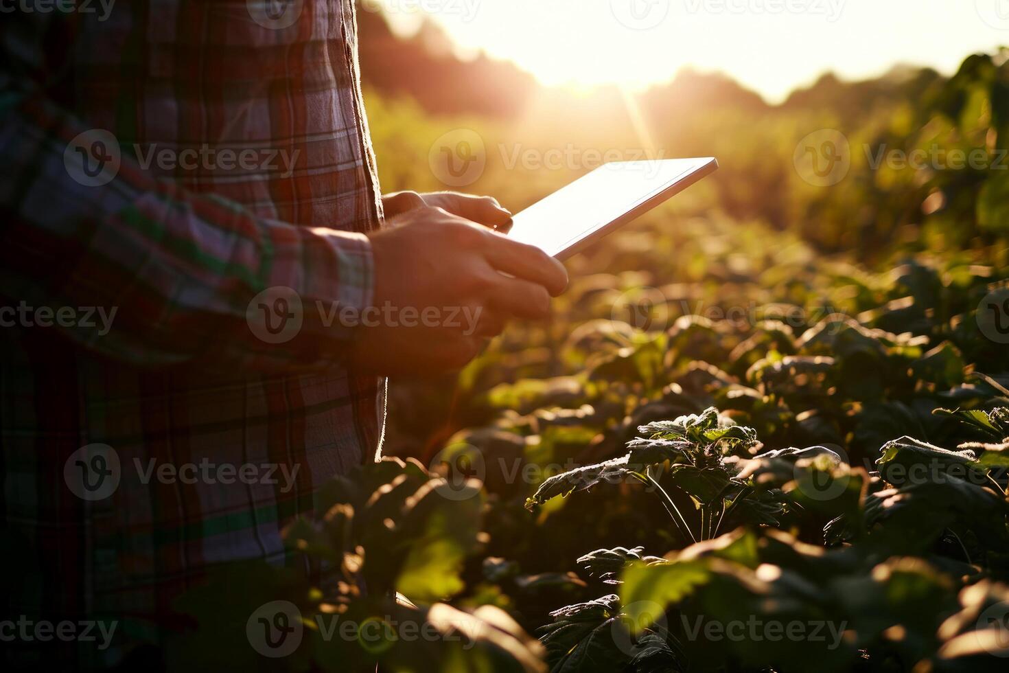 ai generato un' contadino in piedi nel campo con tavolo. generativo ai. foto