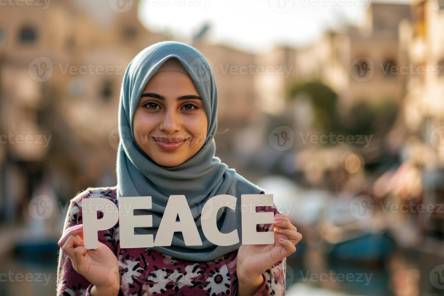 ai generato arabo donna hold pace cartone nel il città sfondo . ai generato, foto