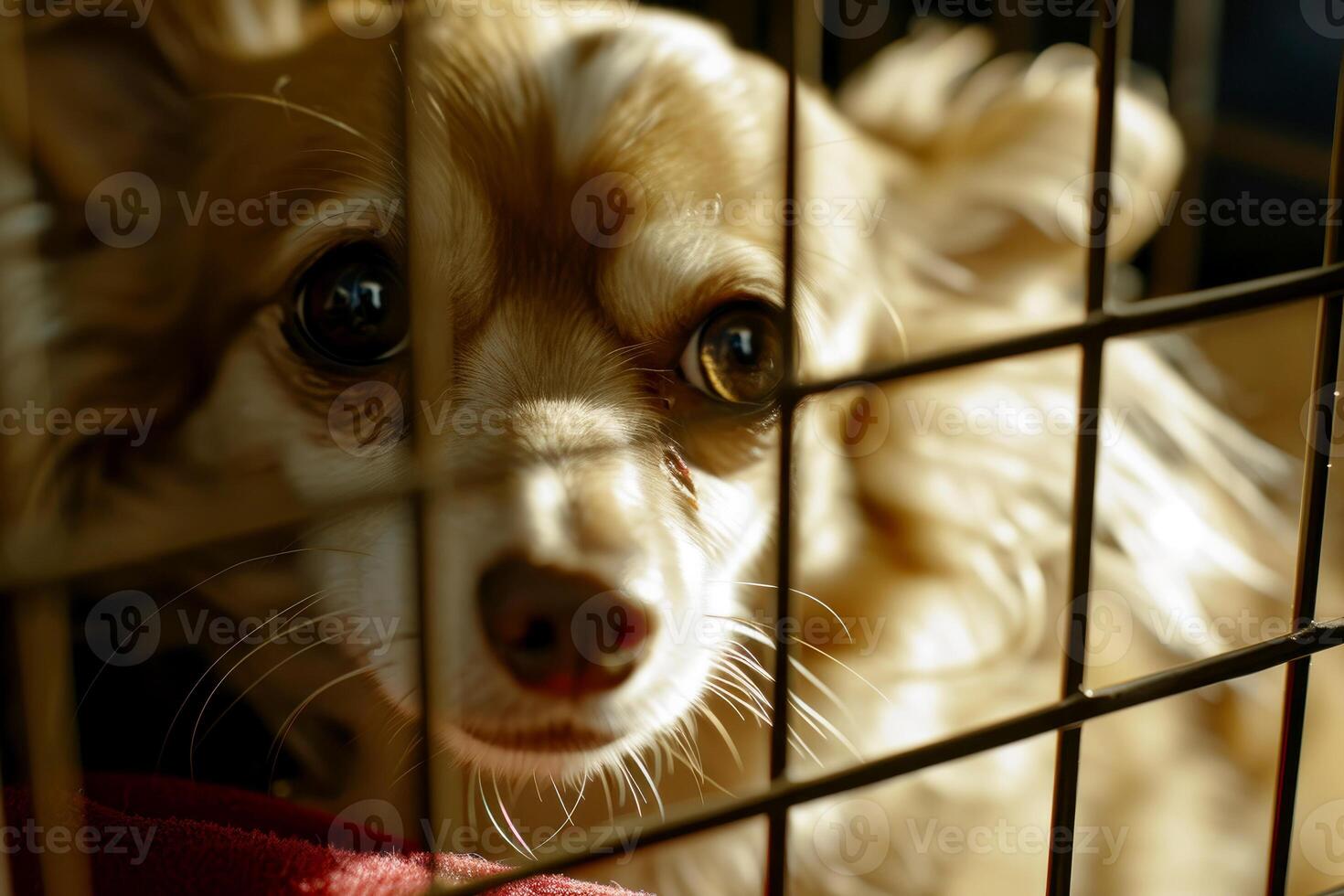 ai generato vicino su triste grande cani catturato nel gabbia. generativo ai foto