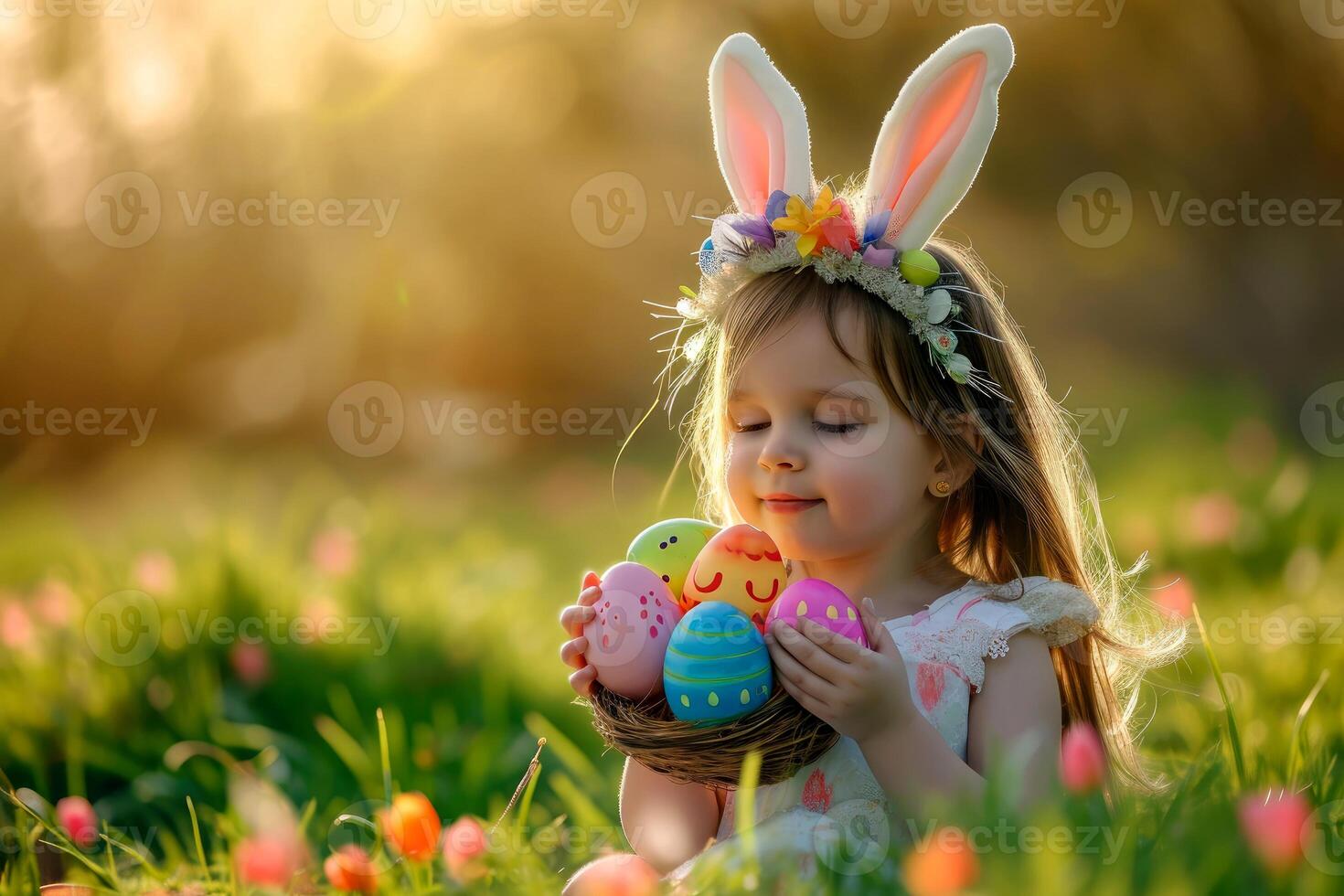 ai generato paesaggio con un' ragazza hold Pasqua uova, Pasqua uovo caccia. generativo ai foto